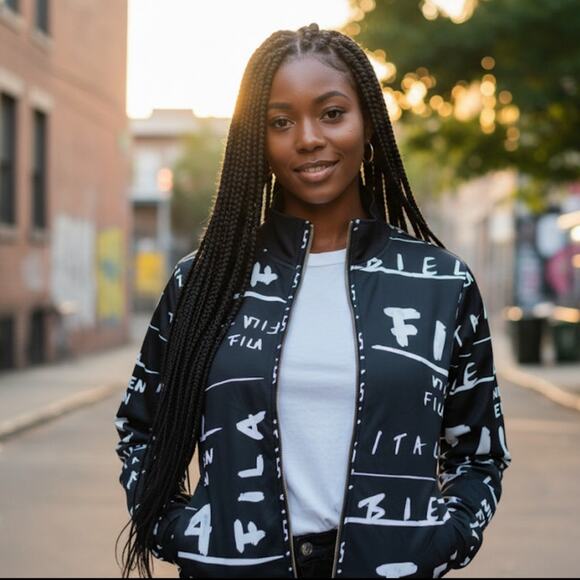 NWOT FILA Take it All-over Logo Bomber Track Jacket Black White Women Size SMALL - Picture 1 of 4